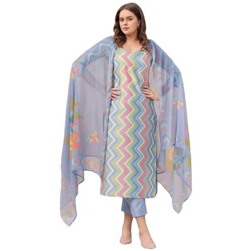Gosriki Women's Rayon Viscose Straight Printed Kurta With Pant & Dupatta (Zaggu Blue-Vks01-Gs_L_Blue_Large)