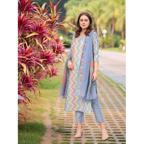 Gosriki Women's Rayon Viscose Straight Printed Kurta With Pant & Dupatta (Zaggu Blue-Vks01-Gs_L_Blue_Large)
