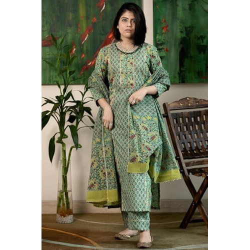 Gosriki Women's Rayon Blend Printed Straight Kurta With Pant & Dupatta (Sanghvi Green-Vks01-Gs_Xxl_Green_Xx-Large)