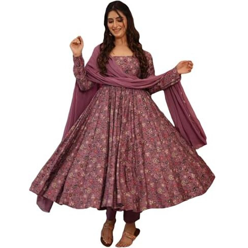 Gosriki Women's Rayon Viscose A-Line Printed Kurta With Pant & Dupatta (Madayanti Purple-Gs_M_Purple_Medium)
