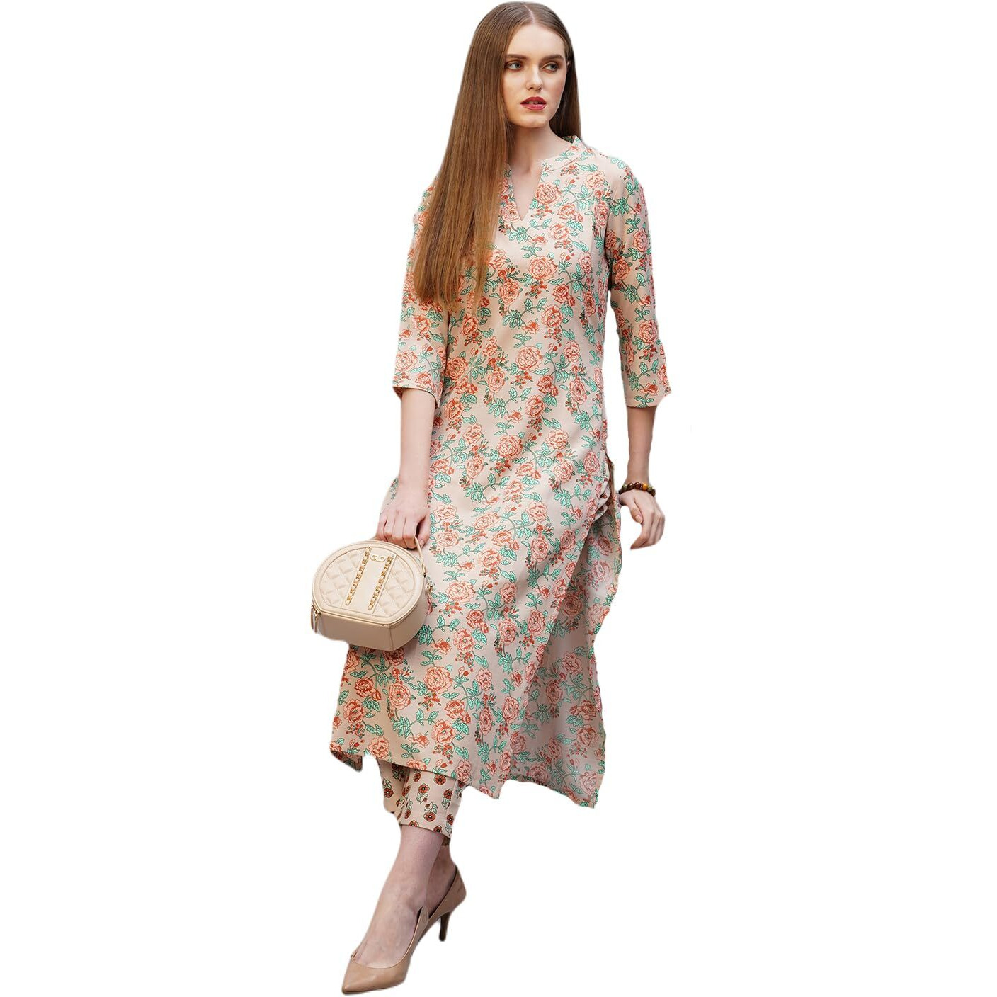 Gosriki Women's Rayon Blend Straight Printed Kurta With Pant (Wide Cream-Nw-Gs_M_Cream_Medium)