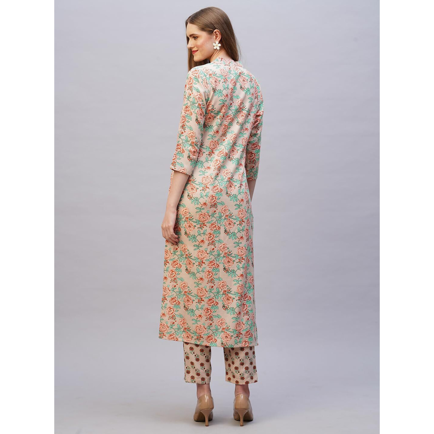 Gosriki Women's Rayon Blend Straight Printed Kurta With Pant (Wide Cream-Nw-Gs_M_Cream_Medium)