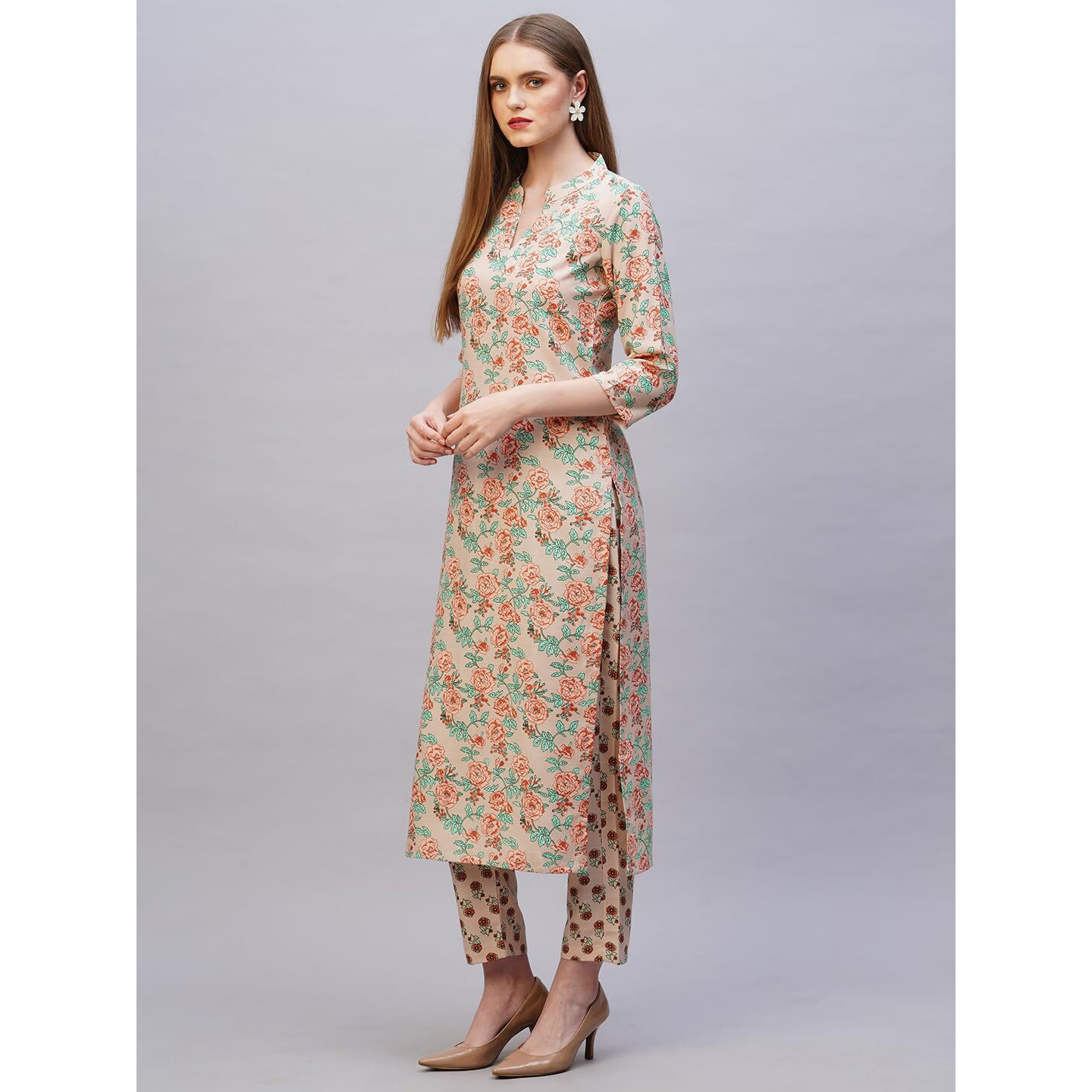 Gosriki Women's Rayon Blend Straight Printed Kurta With Pant (Wide Cream-Nw-Gs_M_Cream_Medium)