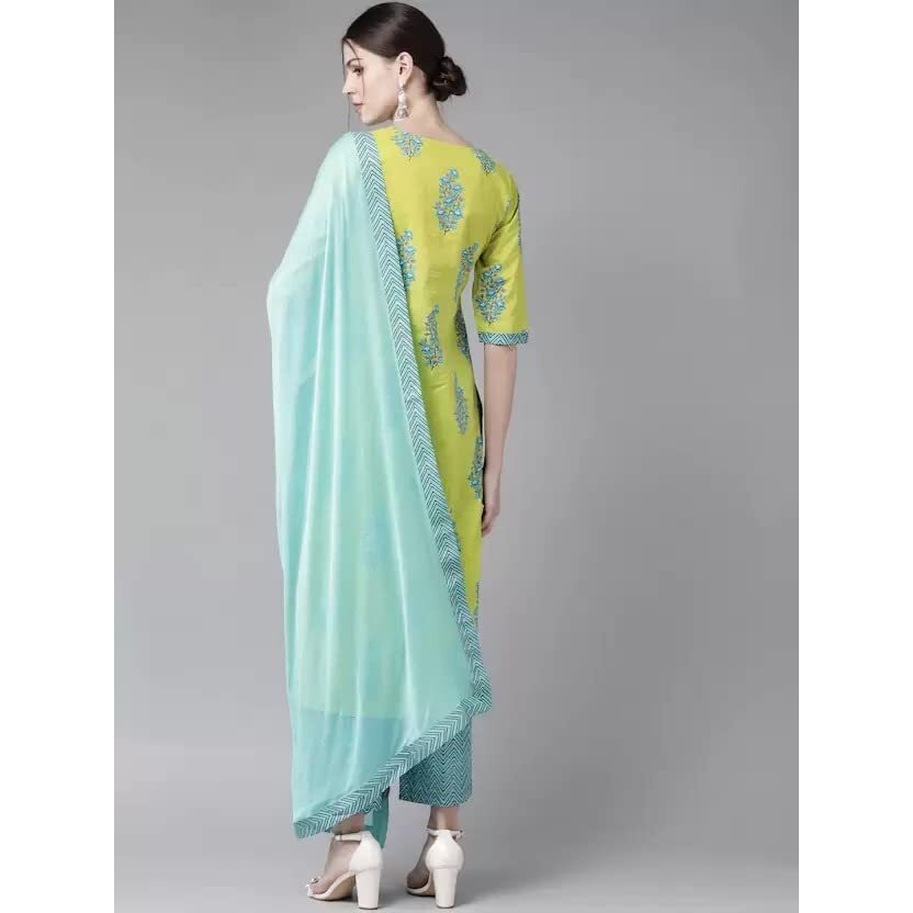 Gosriki Women's Cotton Blend Straight Printed Kurta With Pant & Dupatta (Pari Green-Gs_M_Green_Medium)