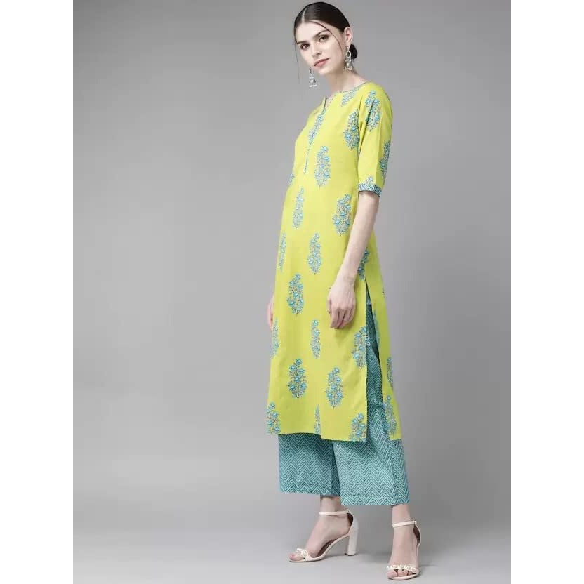 Gosriki Women's Cotton Blend Straight Printed Kurta With Pant & Dupatta (Pari Green-Gs_M_Green_Medium)