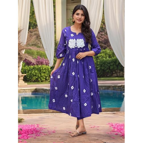 Gosriki Women's Rayon Viscose Printed Anarkali Kurta With Pant (Anveshi Begani-Vks05-Gs_L_Begani_Large)