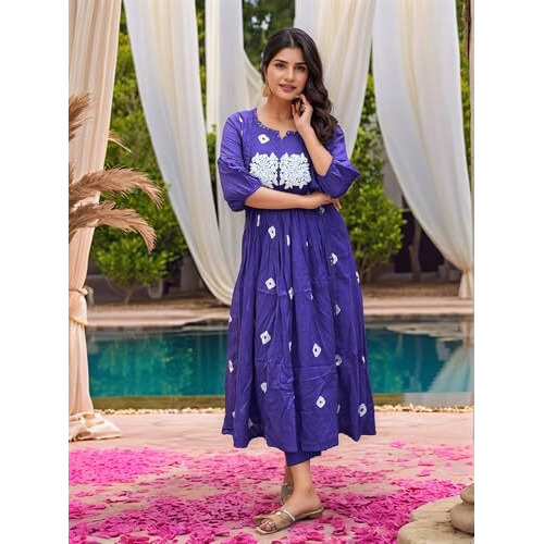 Gosriki Women's Rayon Viscose Printed Anarkali Kurta With Pant (Anveshi Begani-Vks05-Gs_L_Begani_Large)