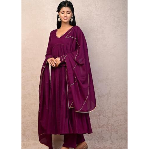 Gosriki Women's Rayon Viscose Yoke Anarkali Kurta With Pant & Dupatta (Suruchi Wine-Vks01-Gs_S_Wine_Small)