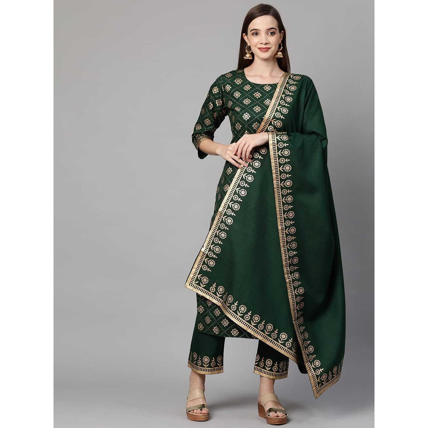 Gosriki Women's Cotton Straight Kurta With Pant & Dupatta (Kptd-Cot-10079-Green_S-Go_Green_Small)