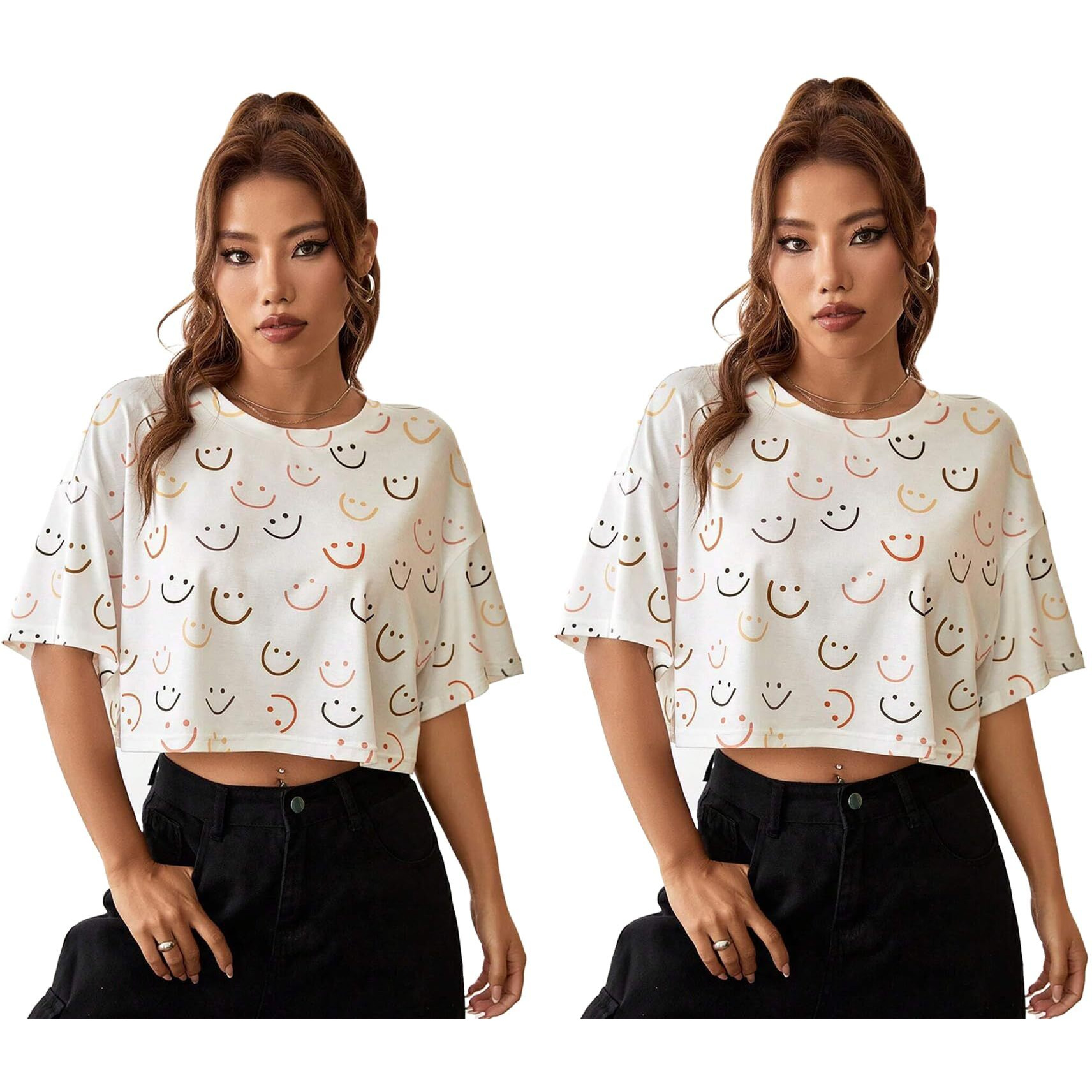 Toplot Women's Casual Printed Crop Top With Half Sleeve Pack Of 2 (Combo-5098-Sml-Sml-Xl)