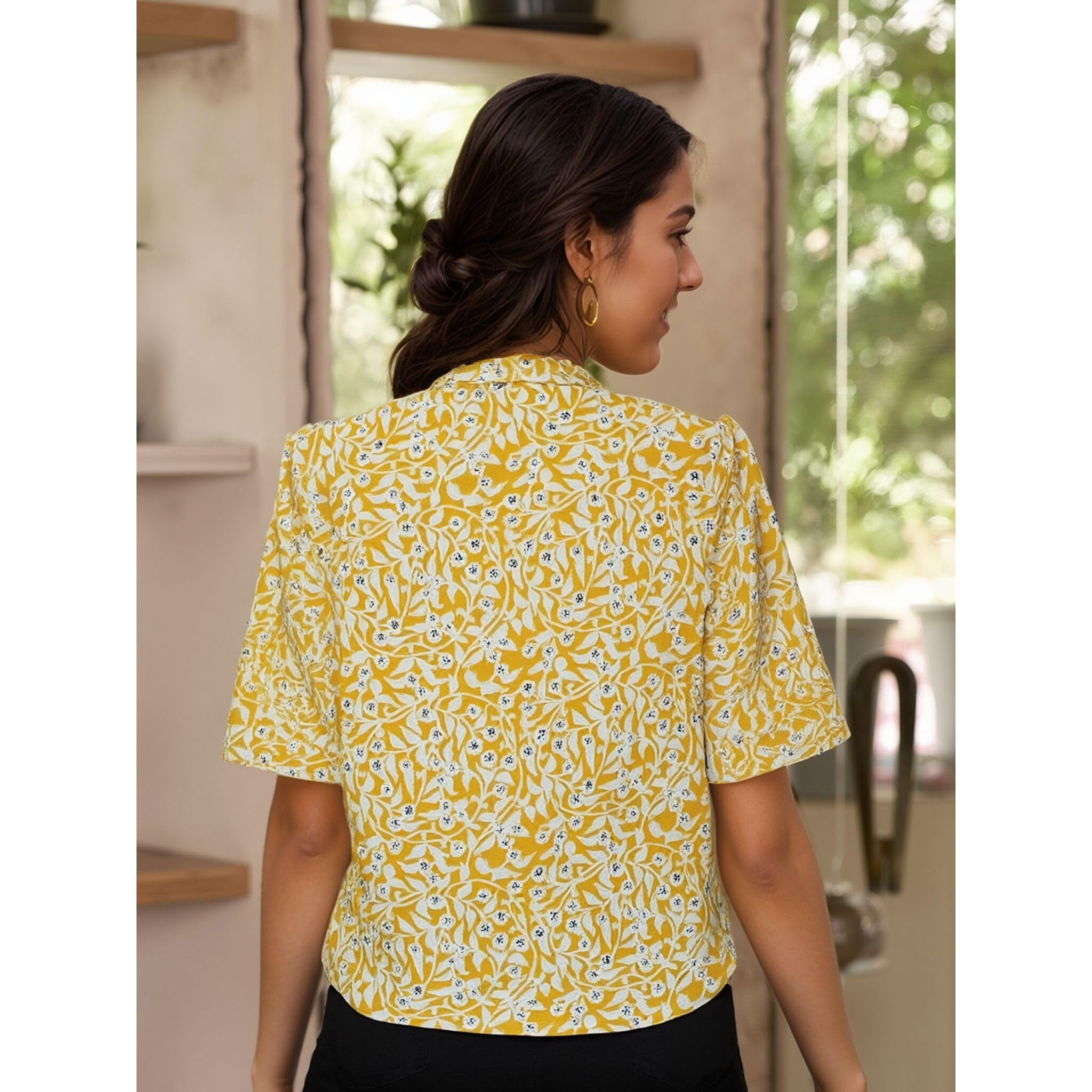 Gosriki Women's Tunics Tops Rayon Viscose Printed Short Top For Women (Rishta Yellow-Gs_S_Yellow_Small)