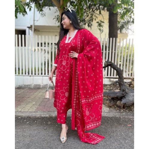 Gosriki Women's Rayon Viscose Straight Printed Kurta With Pant & Dupatta (Radnya Pink-Vks01-Gs_M_Pink_Medium)