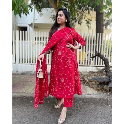 Gosriki Women's Rayon Viscose Straight Printed Kurta With Pant & Dupatta (Radnya Pink-Vks01-Gs_M_Pink_Medium)