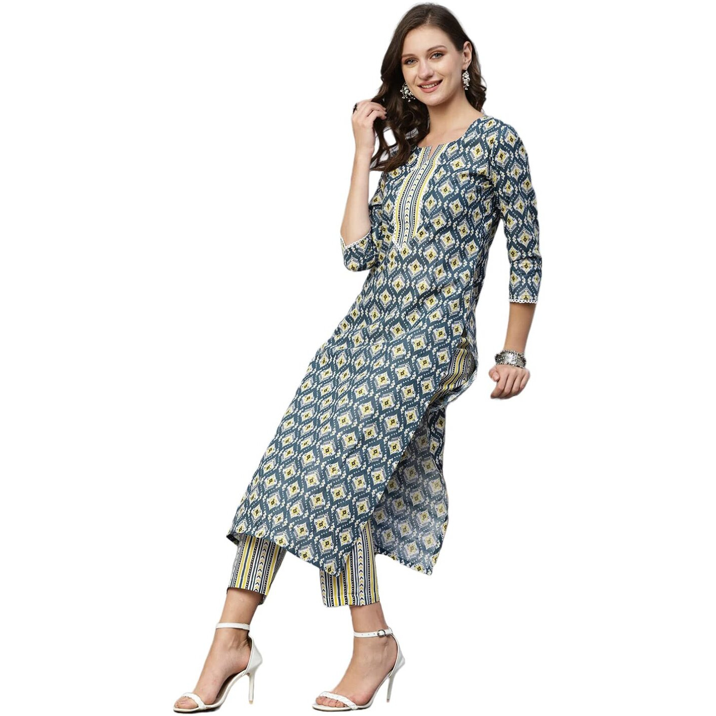Gosriki Women's Cotton Blend Straight Printed Kurta With Pant Set (Tbh Blue-Gs_M_Blue_Medium)