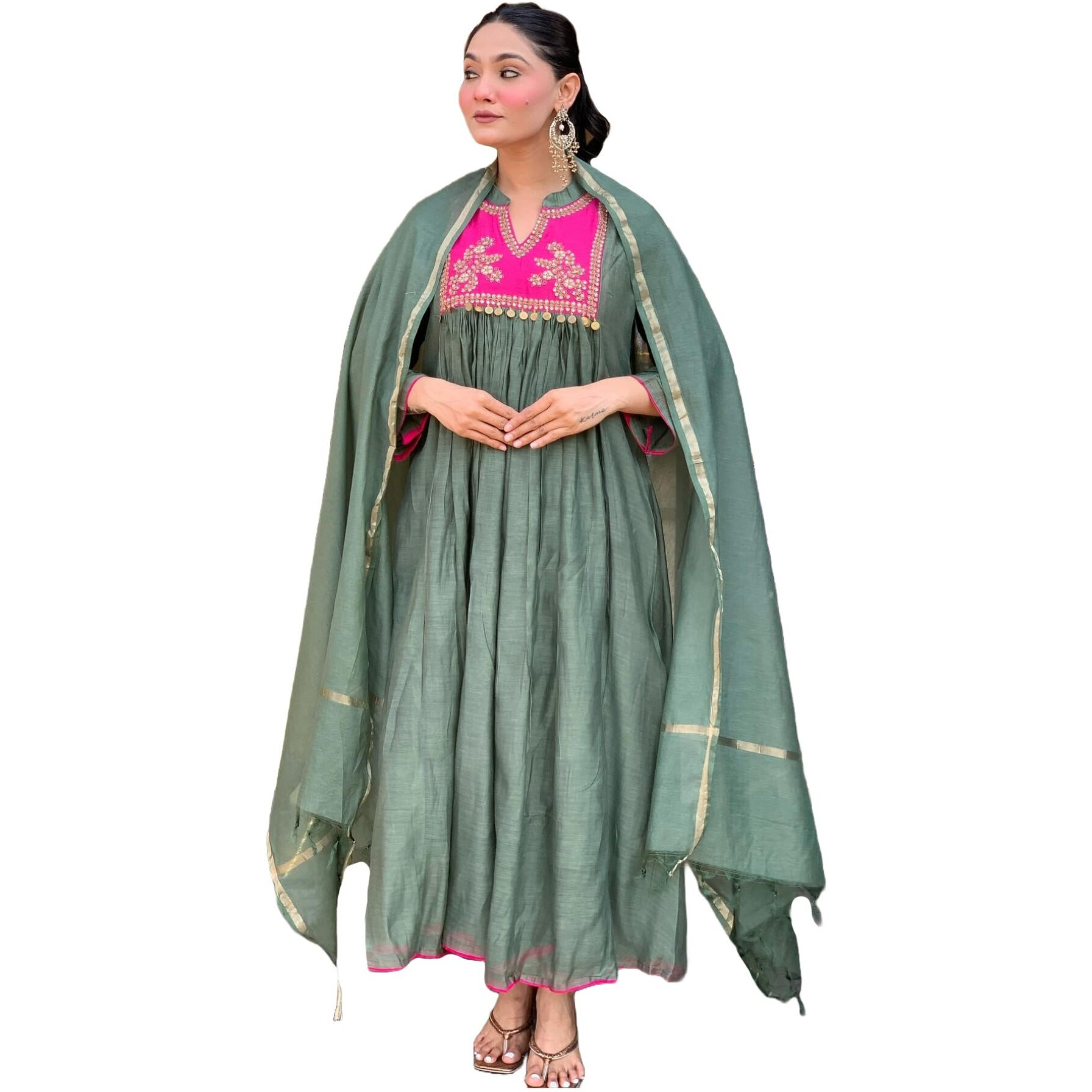 Gosriki Women's Rayon Viscose Embroidered Anarkali Kurta With Pant & Dupatta (Brics Pista-Vks01-Gs_M_Pista_Medium)