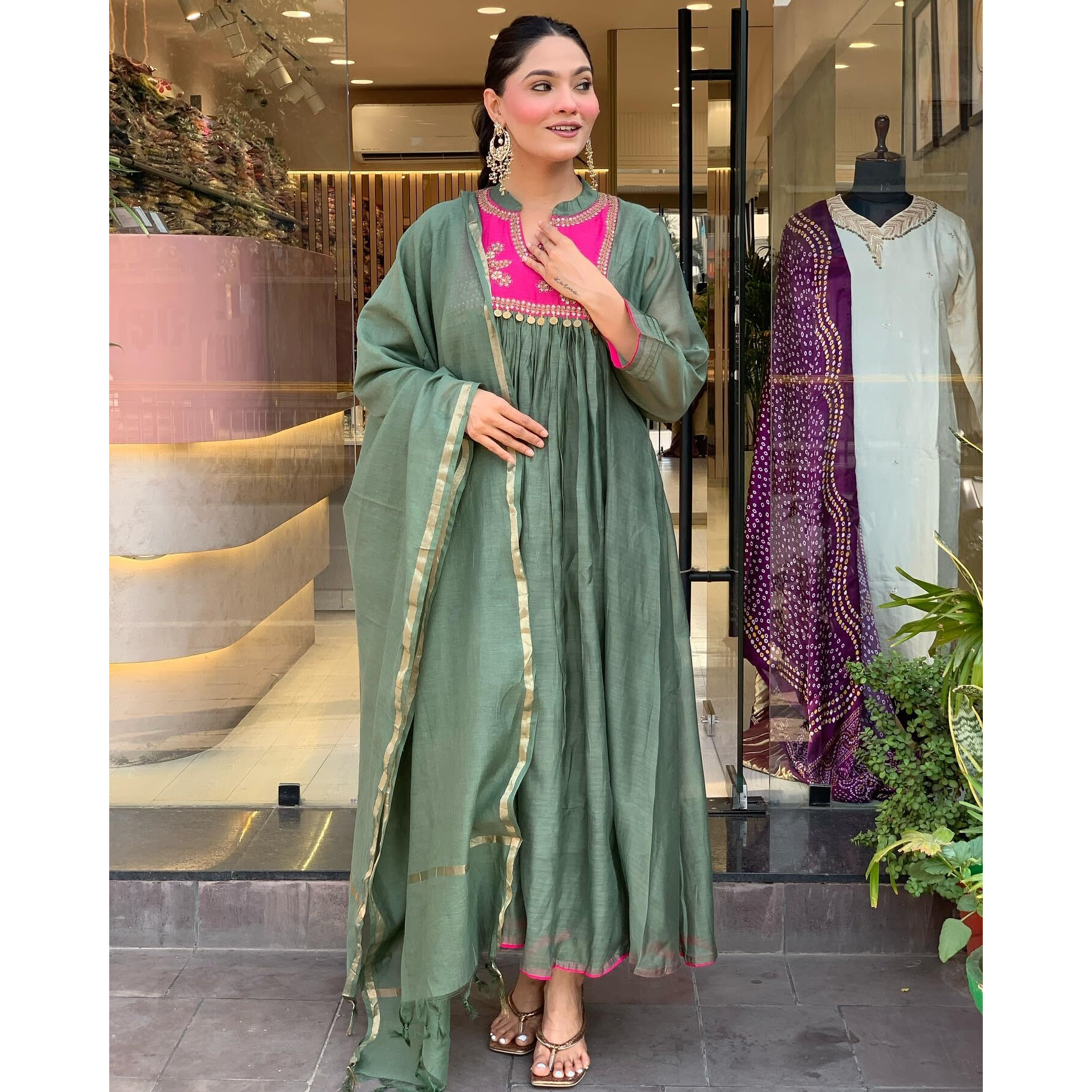 Gosriki Women's Rayon Viscose Embroidered Anarkali Kurta With Pant & Dupatta (Brics Pista-Vks01-Gs_M_Pista_Medium)