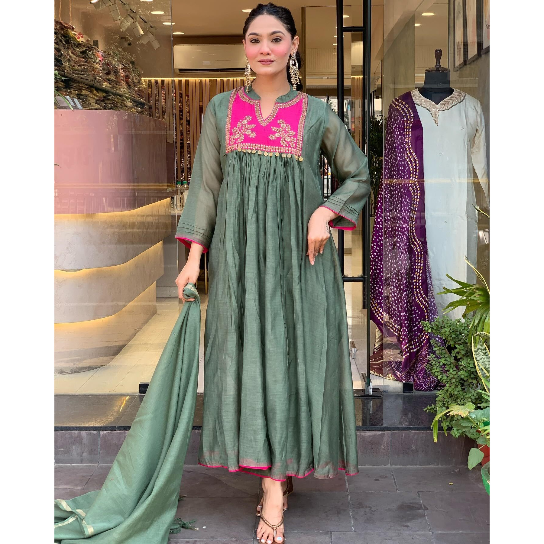 Gosriki Women's Rayon Viscose Embroidered Anarkali Kurta With Pant & Dupatta (Brics Pista-Vks01-Gs_M_Pista_Medium)