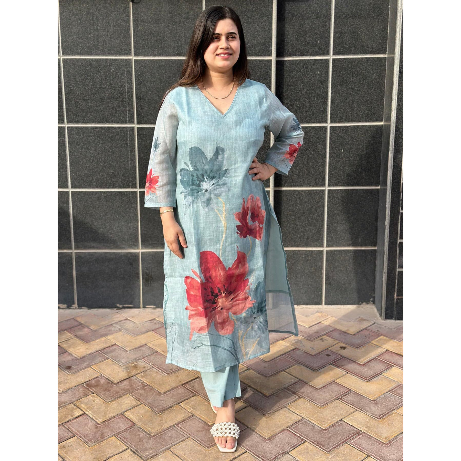 Gosriki Women's Rayon Viscose Printed Straight Kurta With Pant (Susan Sky-Vks03-Gs_Xxl_Sky Blue_Xx-Large)