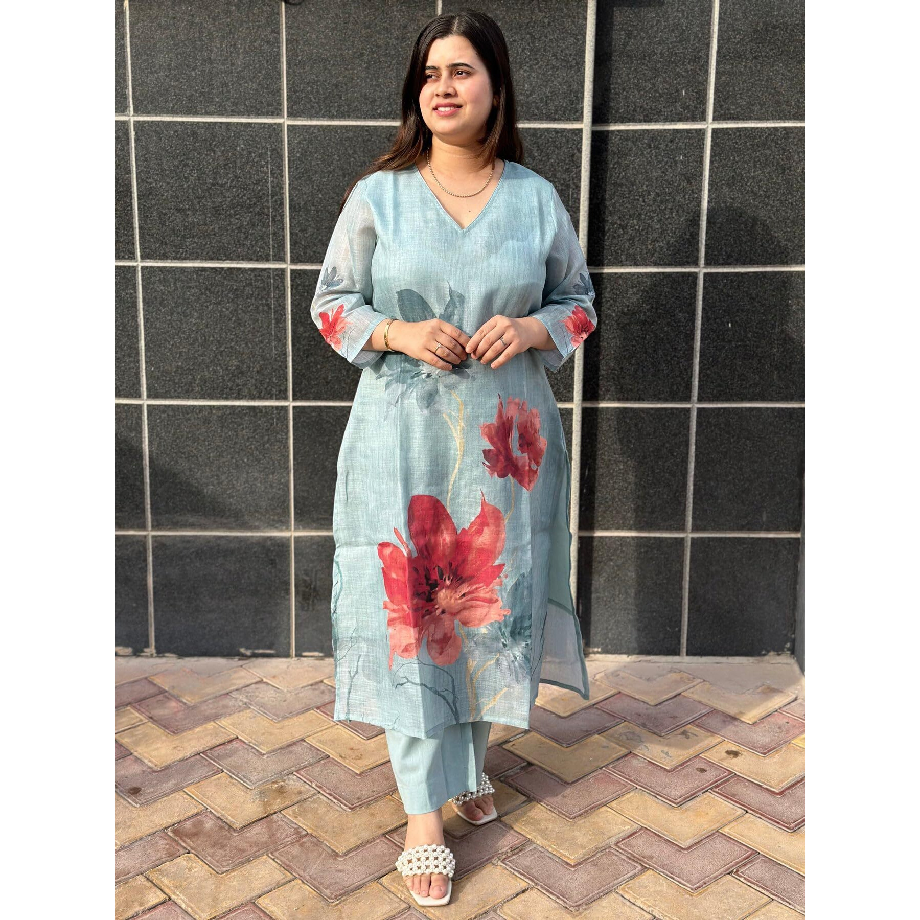 Gosriki Women's Rayon Viscose Printed Straight Kurta With Pant (Susan Sky-Vks03-Gs_Xxl_Sky Blue_Xx-Large)