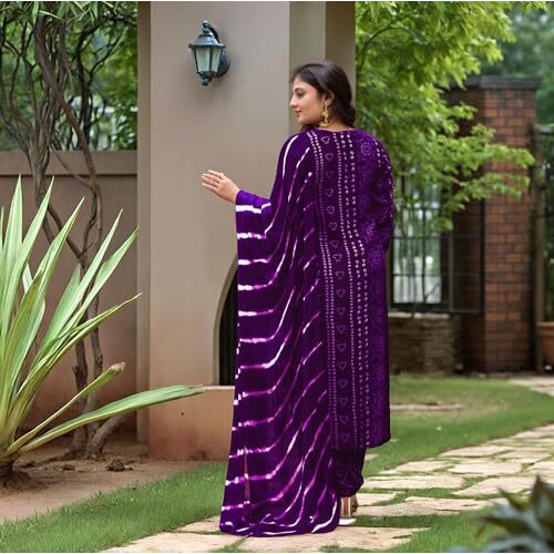 Gosriki Women's Rayon Viscose Straight Bandhej Printed Kurta With Pant & Dupatta (Baghira Begani-Vks02-Gs_M_Begani_Medium)