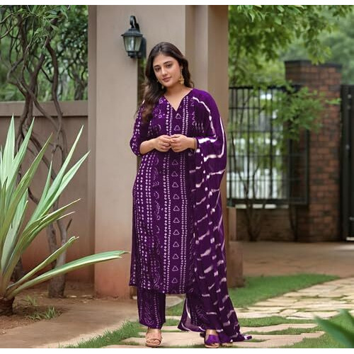 Gosriki Women's Rayon Viscose Straight Bandhej Printed Kurta With Pant & Dupatta (Baghira Begani-Vks02-Gs_M_Begani_Medium)
