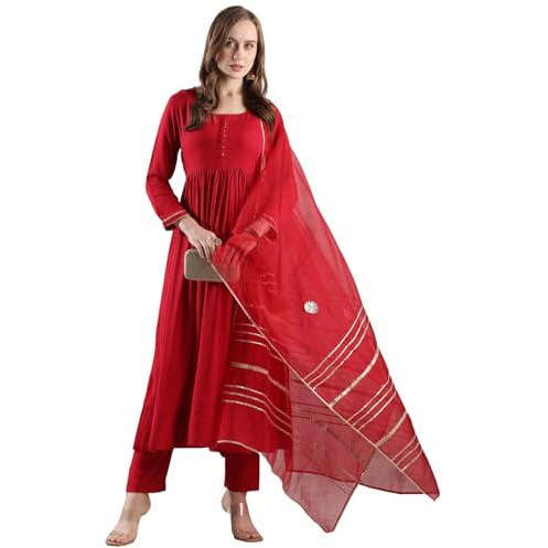 Gosriki Women's Rayon Blend Anarkali Solid Kurta With Pant & Dupatta (Jaynti Red-Vks03-Gs_Xl_Red_X-Large)