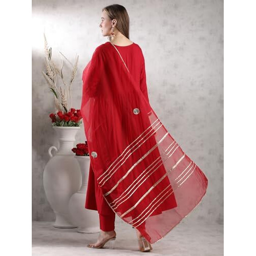 Gosriki Women's Rayon Blend Anarkali Solid Kurta With Pant & Dupatta (Jaynti Red-Vks03-Gs_Xl_Red_X-Large)