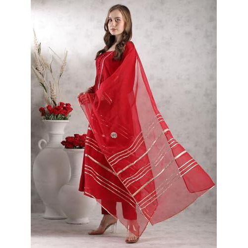 Gosriki Women's Rayon Blend Anarkali Solid Kurta With Pant & Dupatta (Jaynti Red-Vks03-Gs_Xl_Red_X-Large)