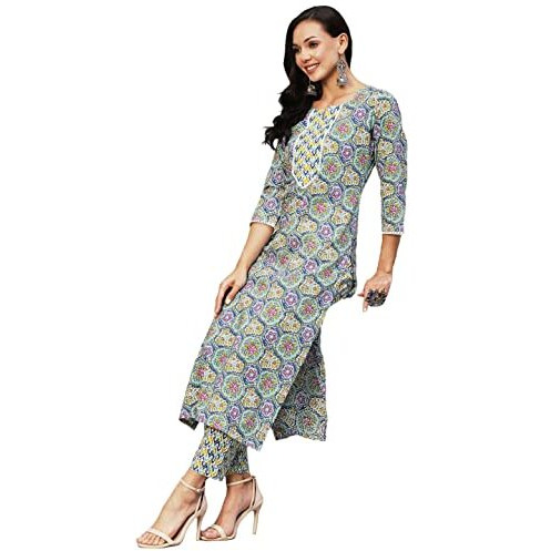 Gosriki Women's Cotton Blend Printed Straight Kurta With Pant (Guru Blue-Gs_S_Blue_Small)