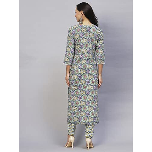 Gosriki Women's Cotton Blend Printed Straight Kurta With Pant (Guru Blue-Gs_S_Blue_Small)