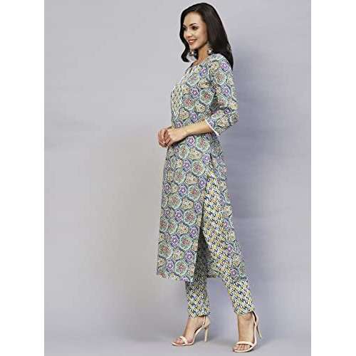 Gosriki Women's Cotton Blend Printed Straight Kurta With Pant (Guru Blue-Gs_S_Blue_Small)