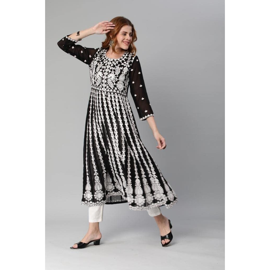 Gosriki Women's Georgette Chikankari Embroidered Anarkali Kurti (Naav Black-Nw2-Gs_Xxl_Black_Xx-Large)