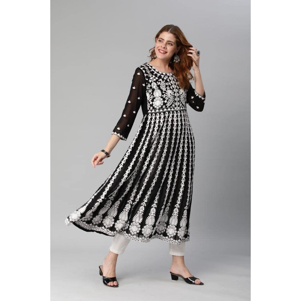 Gosriki Women's Georgette Chikankari Embroidered Anarkali Kurti (Naav Black-Nw2-Gs_Xxl_Black_Xx-Large)