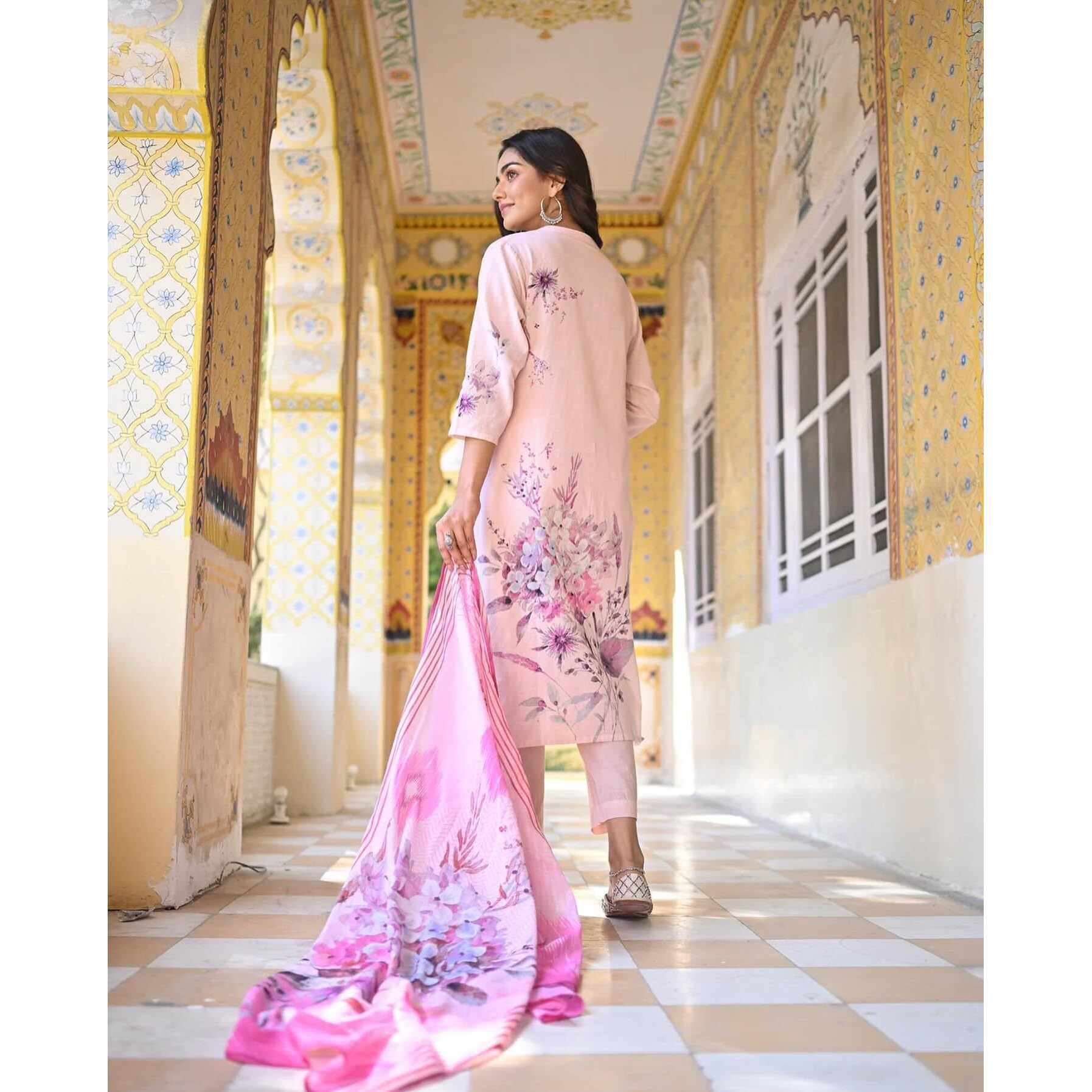 Gosriki Women's Cotton Blend Printed Straight Kurta With Pant & Dupatta (Durjan Pink-Nw-Gs_Xxl_Pink_Xx-Large)