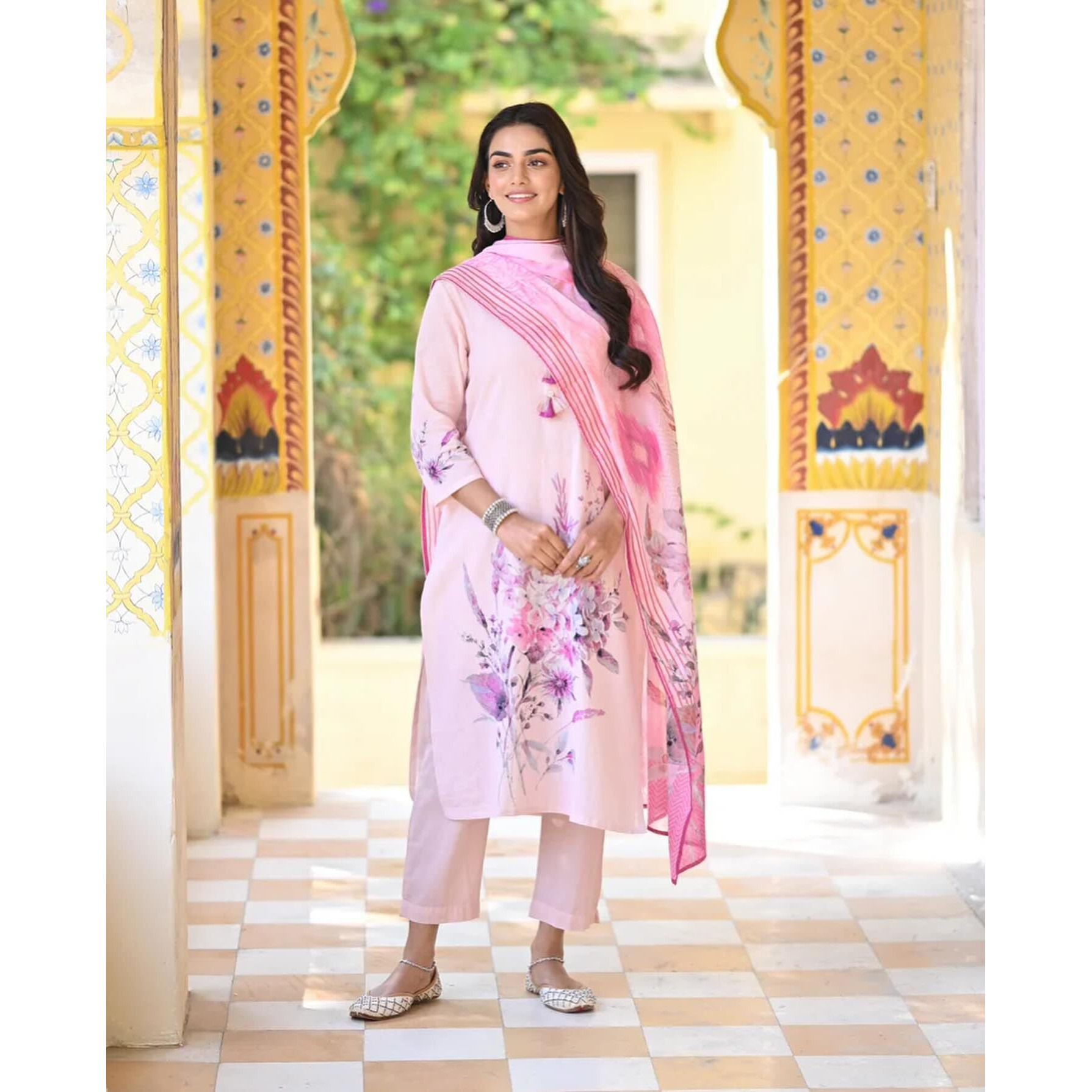 Gosriki Women's Cotton Blend Printed Straight Kurta With Pant & Dupatta (Durjan Pink-Nw-Gs_Xxl_Pink_Xx-Large)
