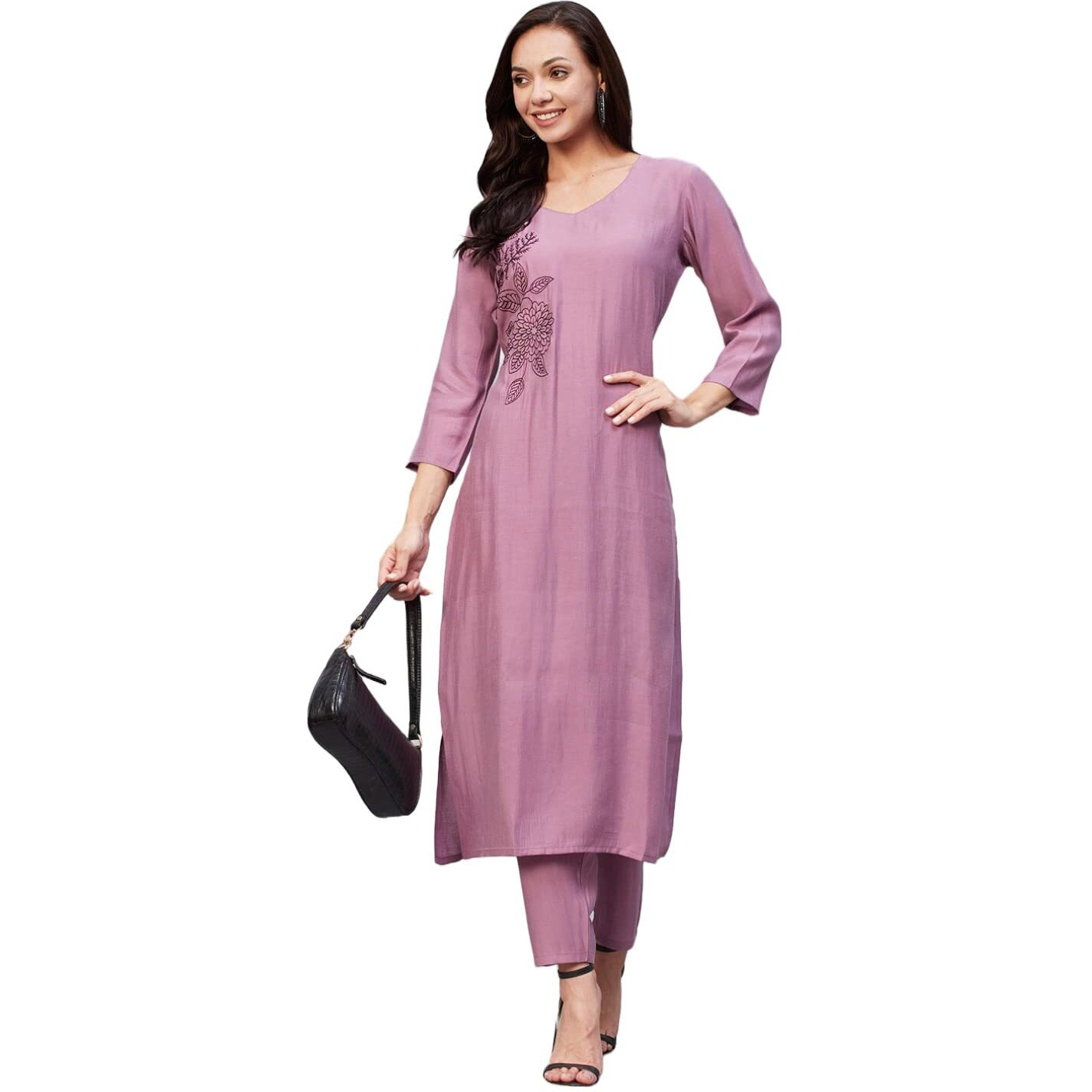 Gosriki Women's Cotton Blend Straight Embroidered Kurta With Pant (Miti Wine-Nw-Gs_S_Wine_Small)