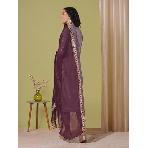 Gosriki Women's Rayon Viscose Printed Straight Kurta With Pant & Dupatta (Udh Purple-Vks03-Gs_L_Purple_Large)