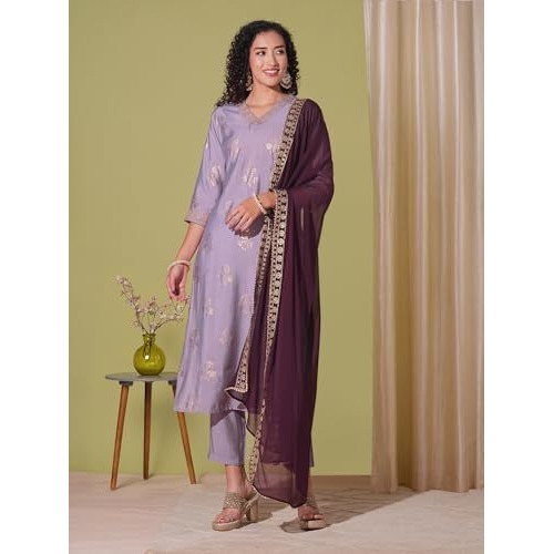 Gosriki Women's Rayon Viscose Printed Straight Kurta With Pant & Dupatta (Udh Purple-Vks03-Gs_L_Purple_Large)