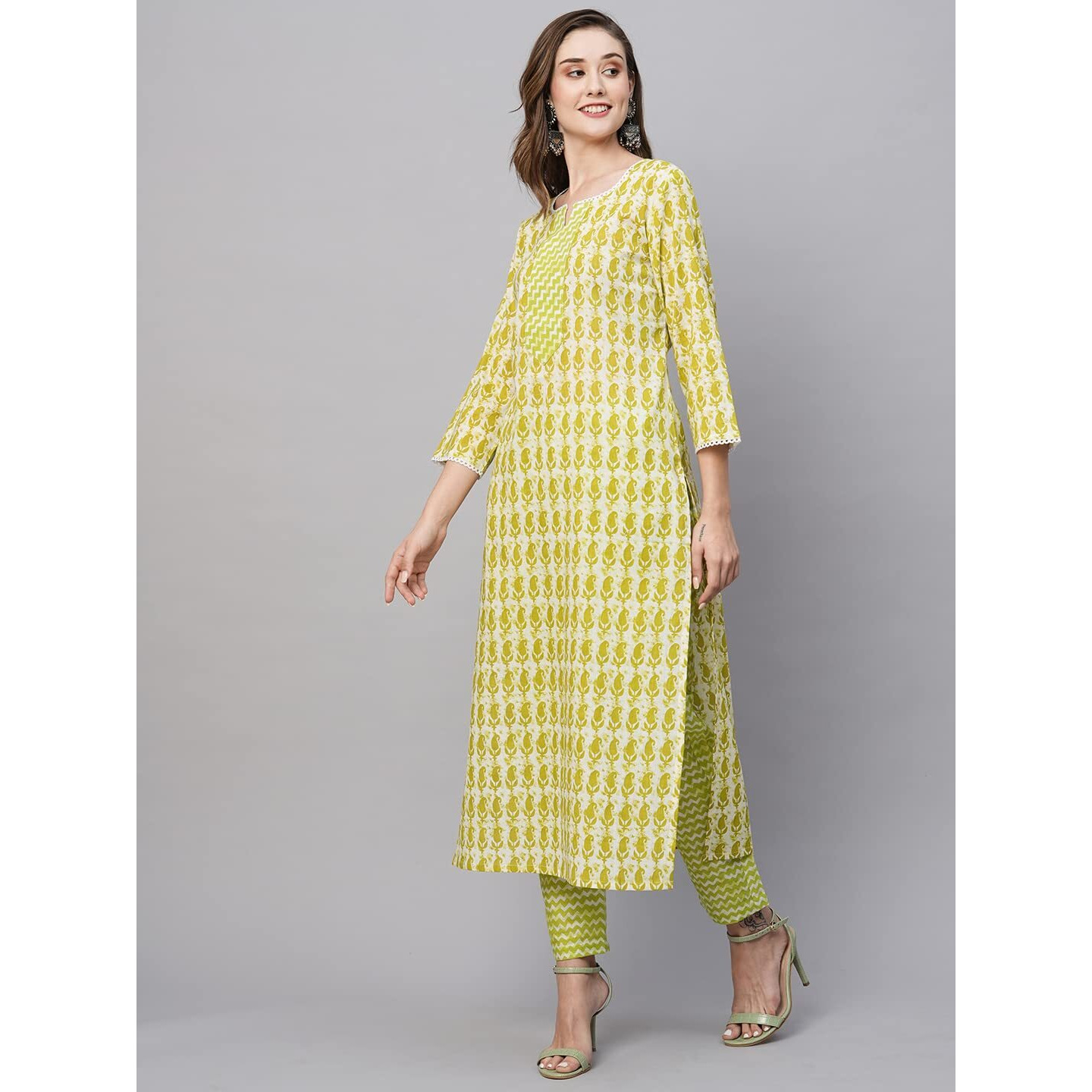 Gosriki Women's Cotton Blend Straight Printed Kurta With Pant (Karika Green-Gs_Xxl_Green_Xx-Large)