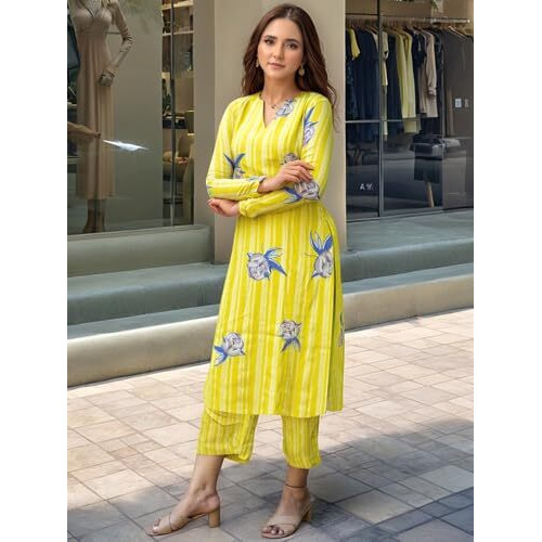 Gosriki Women's Rayon Viscose Straight Printed Kurta With Pant (Vridha Yellow-Vks01-Gs_L_Yellow_Large)
