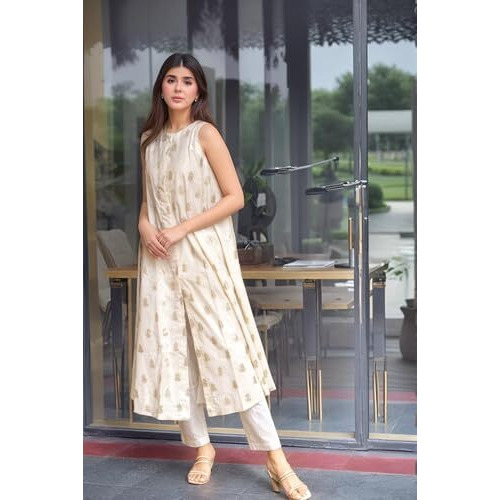 Gosriki Women's Rayon Viscose Printed A-Line Kurta With Pant (Balari Cream-Vks01-Gs_L_Cream_Large)