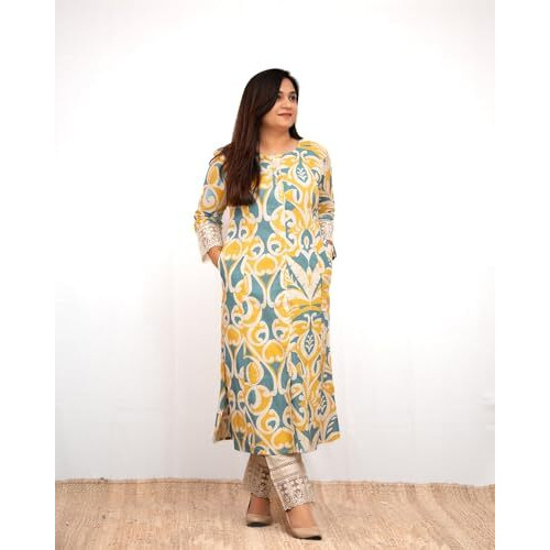 Gosriki Women's Rayon Viscose A-Line Printed Kurta With Pant (Mandal Yellow-Gs_Xxl_Yellow_Xx-Large)