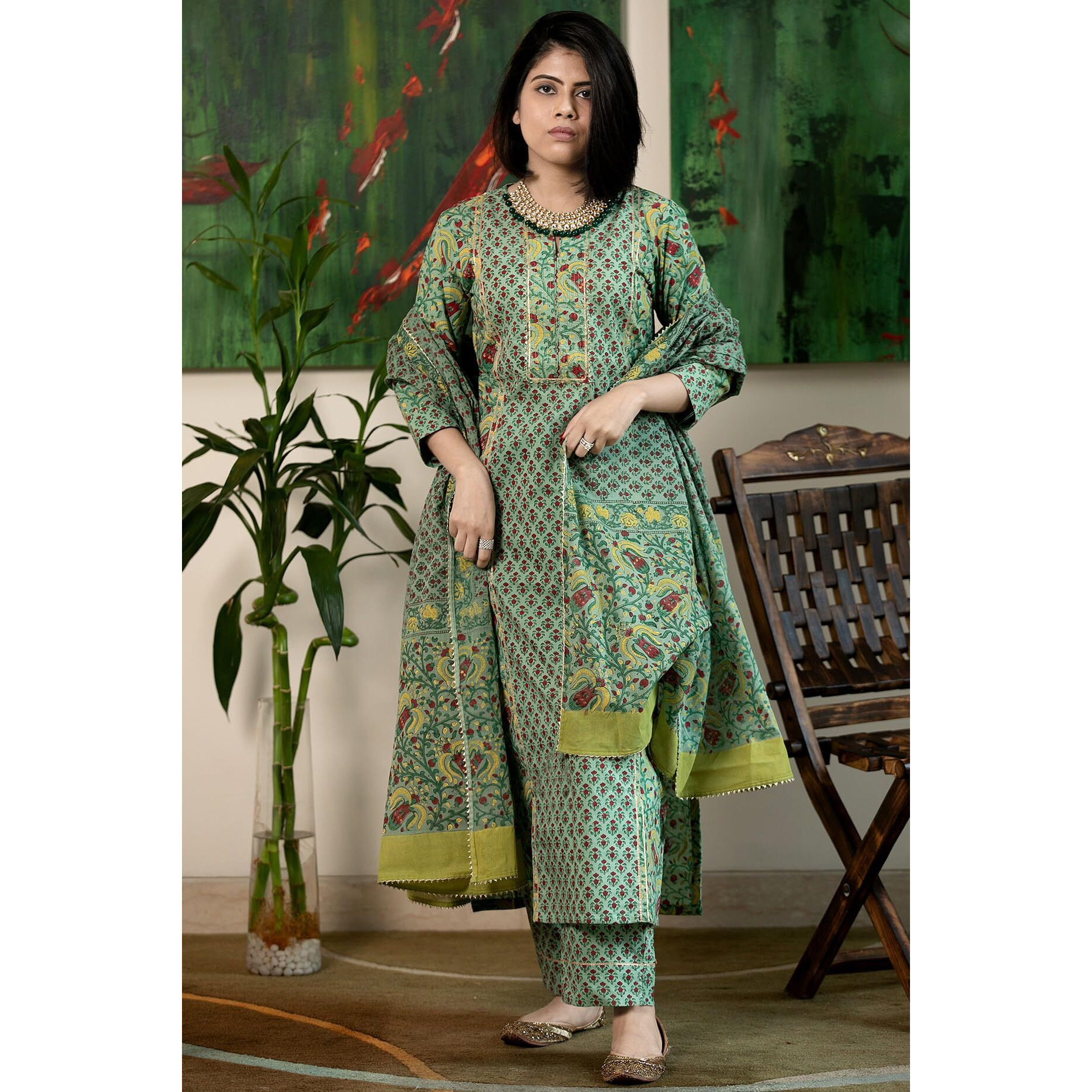 Gosriki Women's Rayon Blend Printed Straight Kurta With Pant & Dupatta (Sanghvi Green-Vks01-Gs_L_Green_Large)