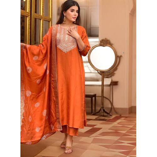 Gosriki Women's Rayon Viscose Embroidered Straight Kurta With Pant & Dupatta (Puneeta Orange-Vks02-Gs_Xl_Orange_X-Large)