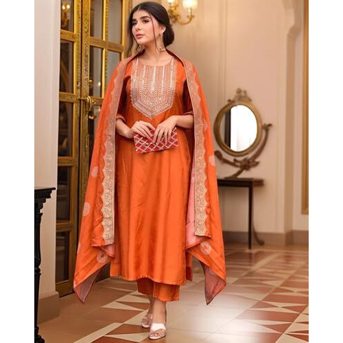 Gosriki Women's Rayon Viscose Embroidered Straight Kurta With Pant & Dupatta (Puneeta Orange-Vks02-Gs_Xl_Orange_X-Large)