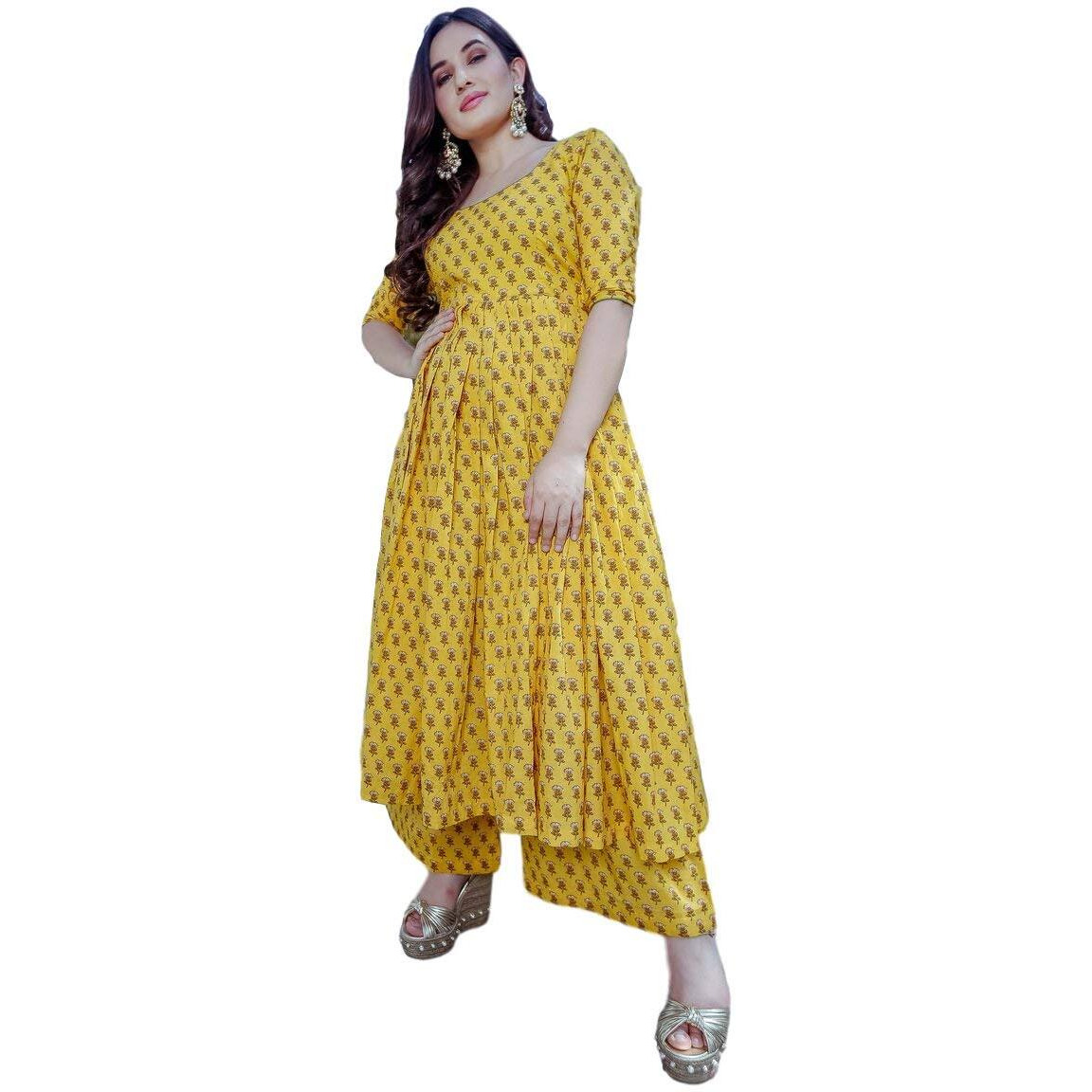 Gosriki Women's Yellow Color Cotton Kurti With Palazzo Pant Set (Aj786-Yellow-M)