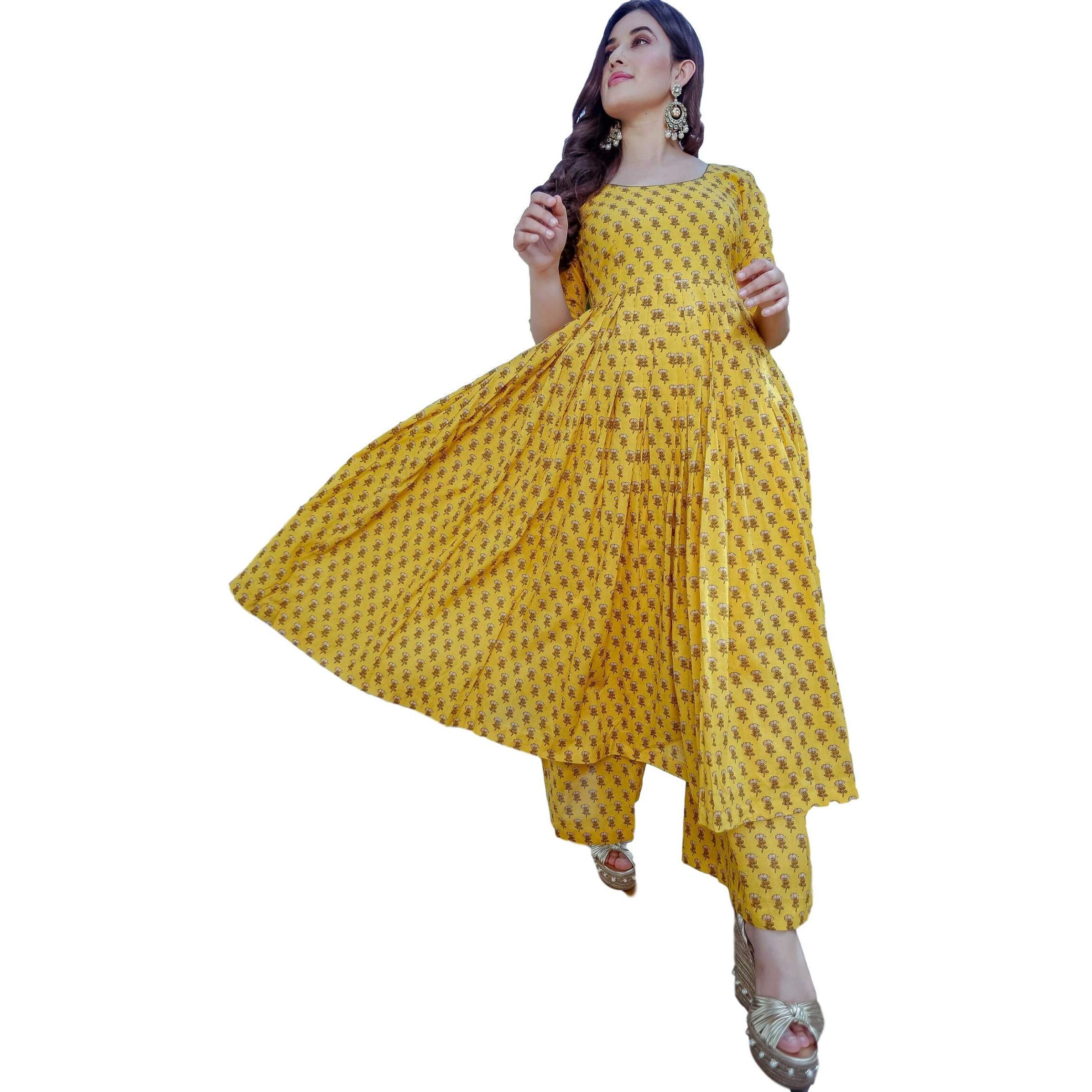 Gosriki Women's Yellow Color Cotton Kurti With Palazzo Pant Set (Aj786-Yellow-M)