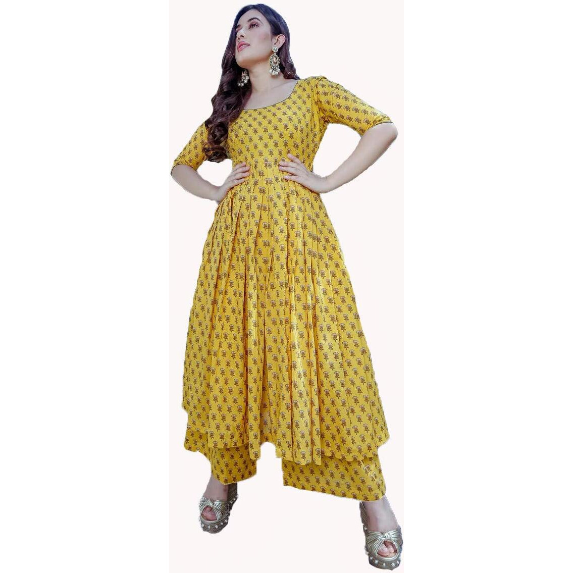 Gosriki Women's Yellow Color Cotton Kurti With Palazzo Pant Set (Aj786-Yellow-M)