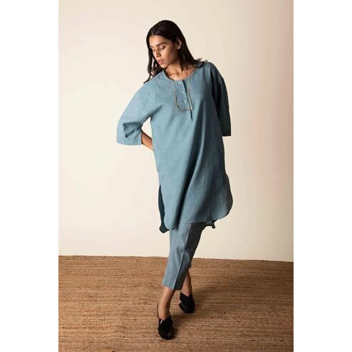Gosriki Women's Rayon Blend Straight Solid Kurta With Pant (Nanital Blue-Gs_S_Blue_Small)