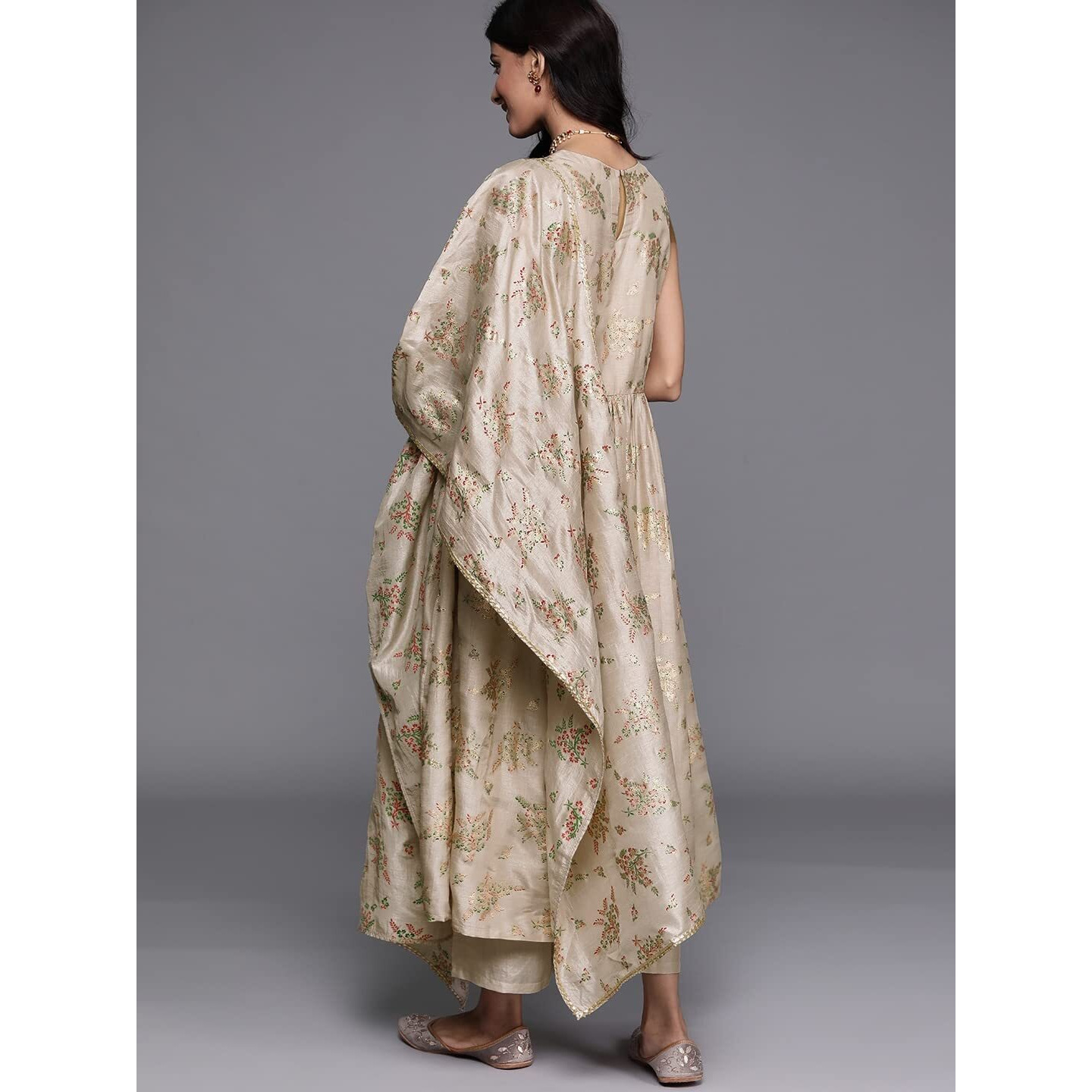 Gosriki Women's Cotton Blend Floral Printed Anarkali Kurta With Palazzos & With Dupatta (Emozi Beige_S-Gs_Beige_Small)
